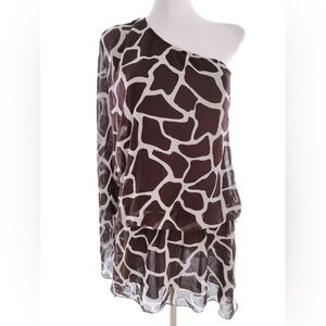 Boho Chic Brown Animal Print Chiffon Tunic Mini Dress One Shoulder M/L